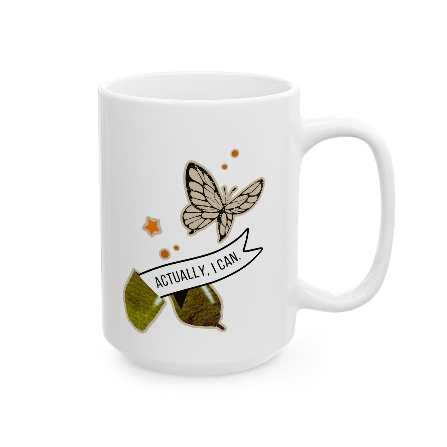 white ceramic 15oz cup with a butterfly emerging from a chrysalis and motivational message in a ribbon banner