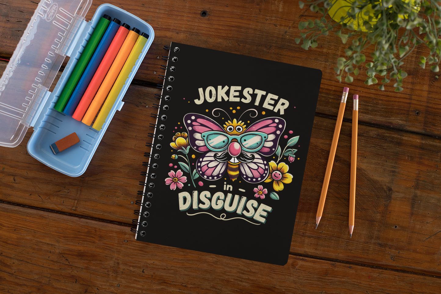 funny butterfly prank notebook and colorful pens on wooden desk