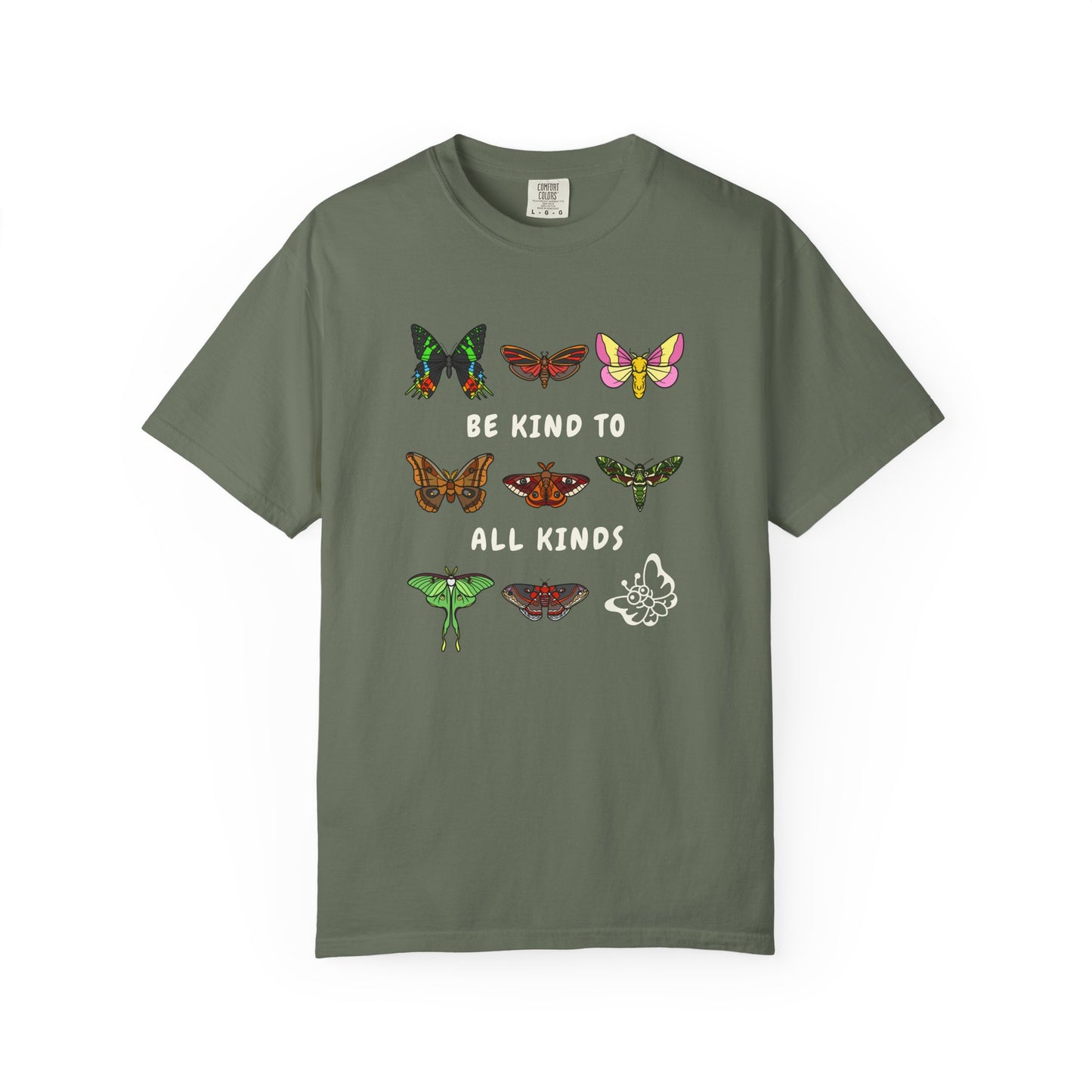 green 'be kind to all kinds' graphic tee with butterflies and moths