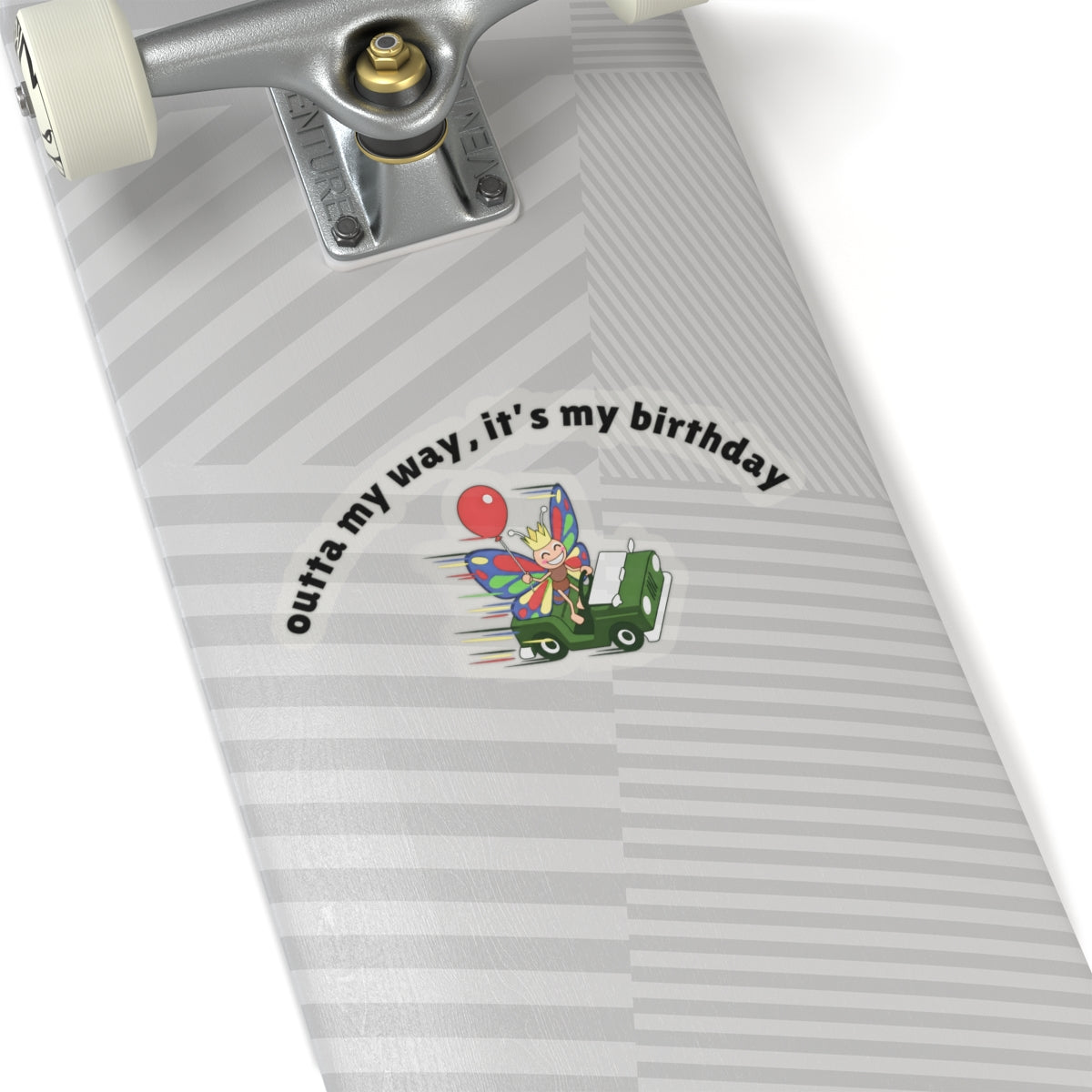 Colorful butterfly birthday sticker attached to a skateboard deck, showing durable vinyl decal styling.