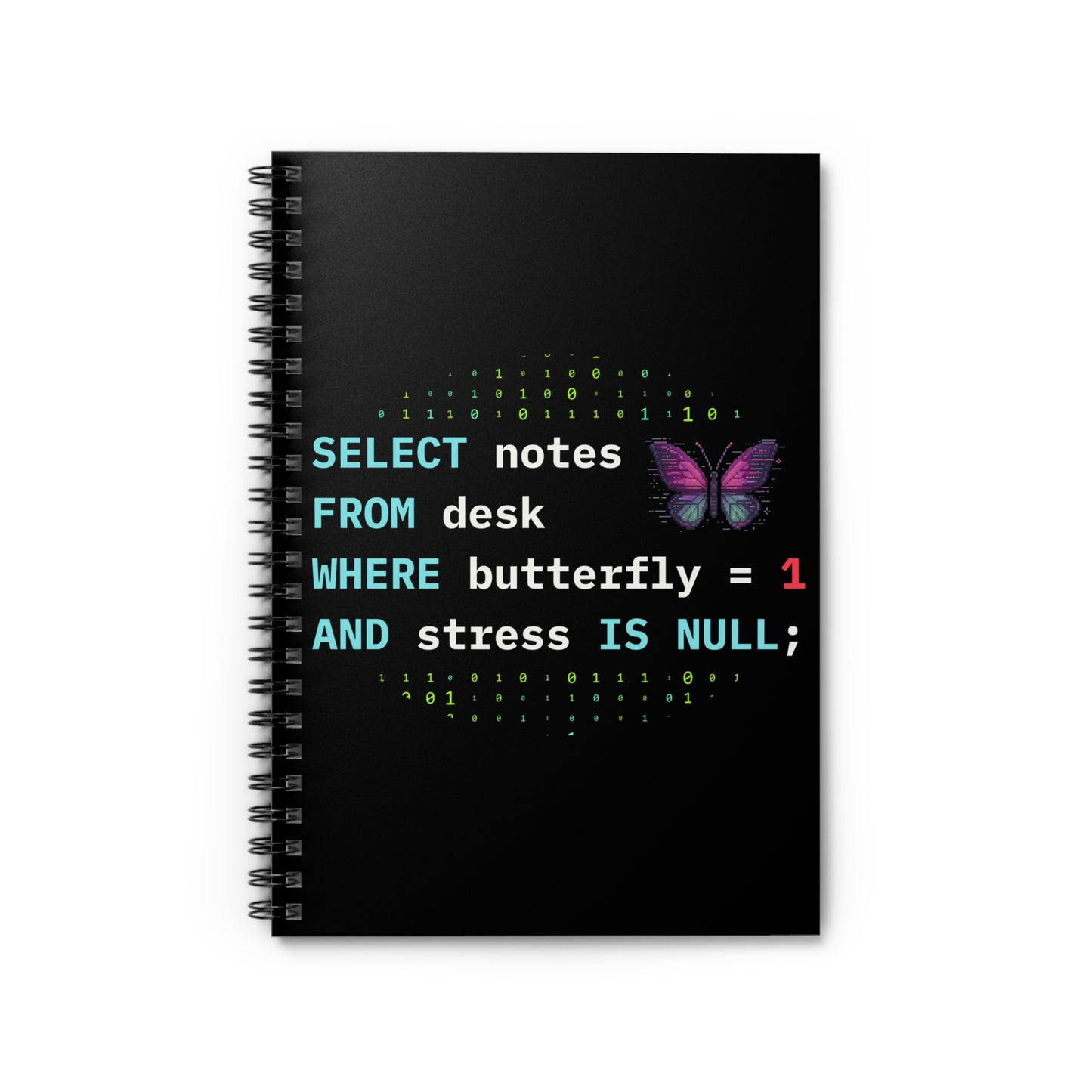 a spiral notebook with a black cover featuring a colorful butterfly pixel art and text related to a sql programming query