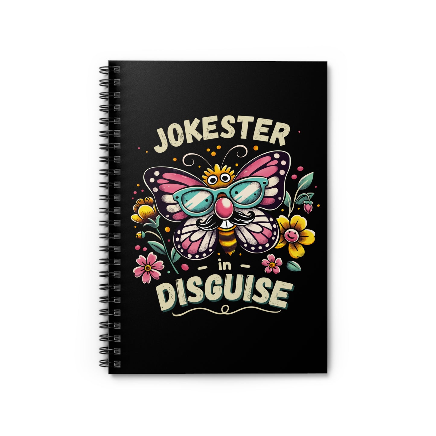 funny butterfly prank notebook with a black cover, featuring a colorful butterfly with a mischievous mustache and shades
