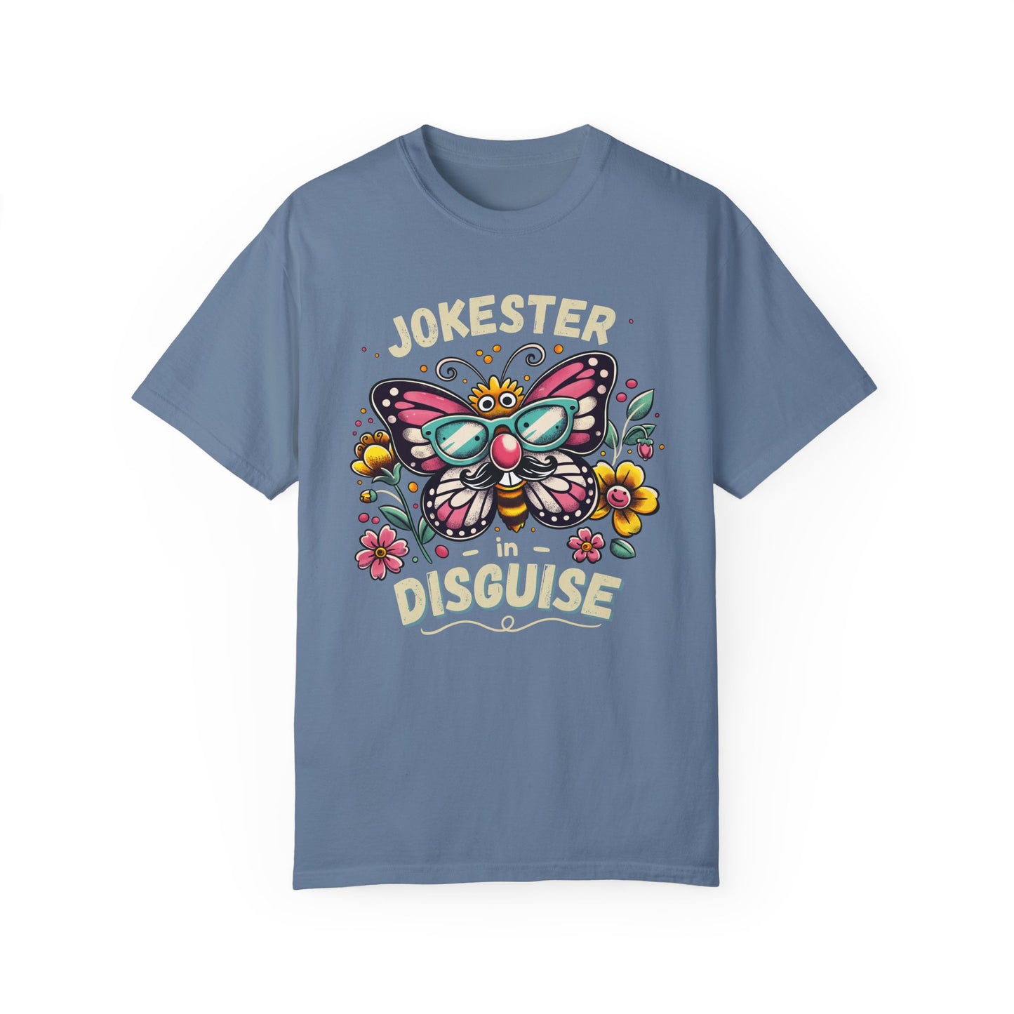 funny eco-friendly blue shirt with a large butterfly, colorful flowers and bold text