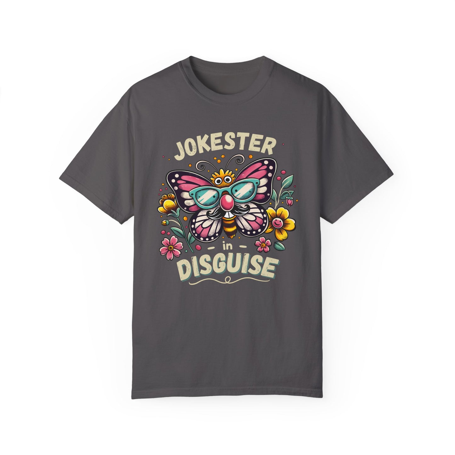 funny eco-friendly graphite shirt with a large butterfly, colorful flowers and bold text