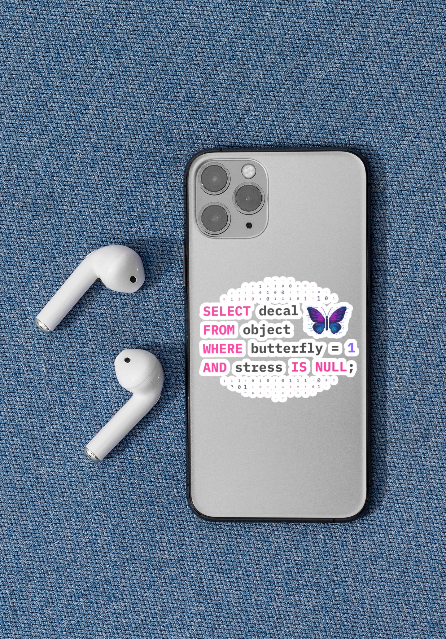 phone case with sql query decal on a blue fabric background