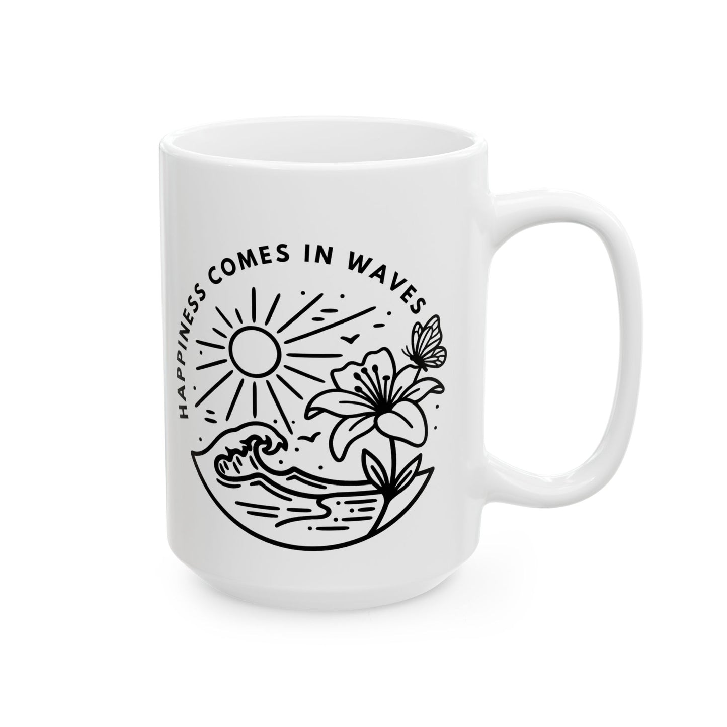 Angled view of white Happiness Comes in Waves beach butterfly 15oz coffee mug with coastal line-art design