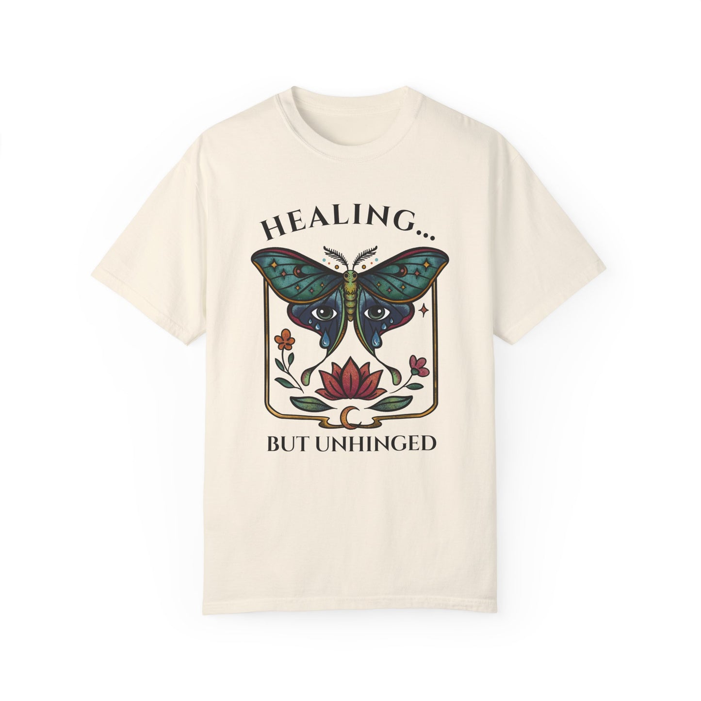 luna moth self-care cream shirt with an actias moth, floral design and emotional healing message