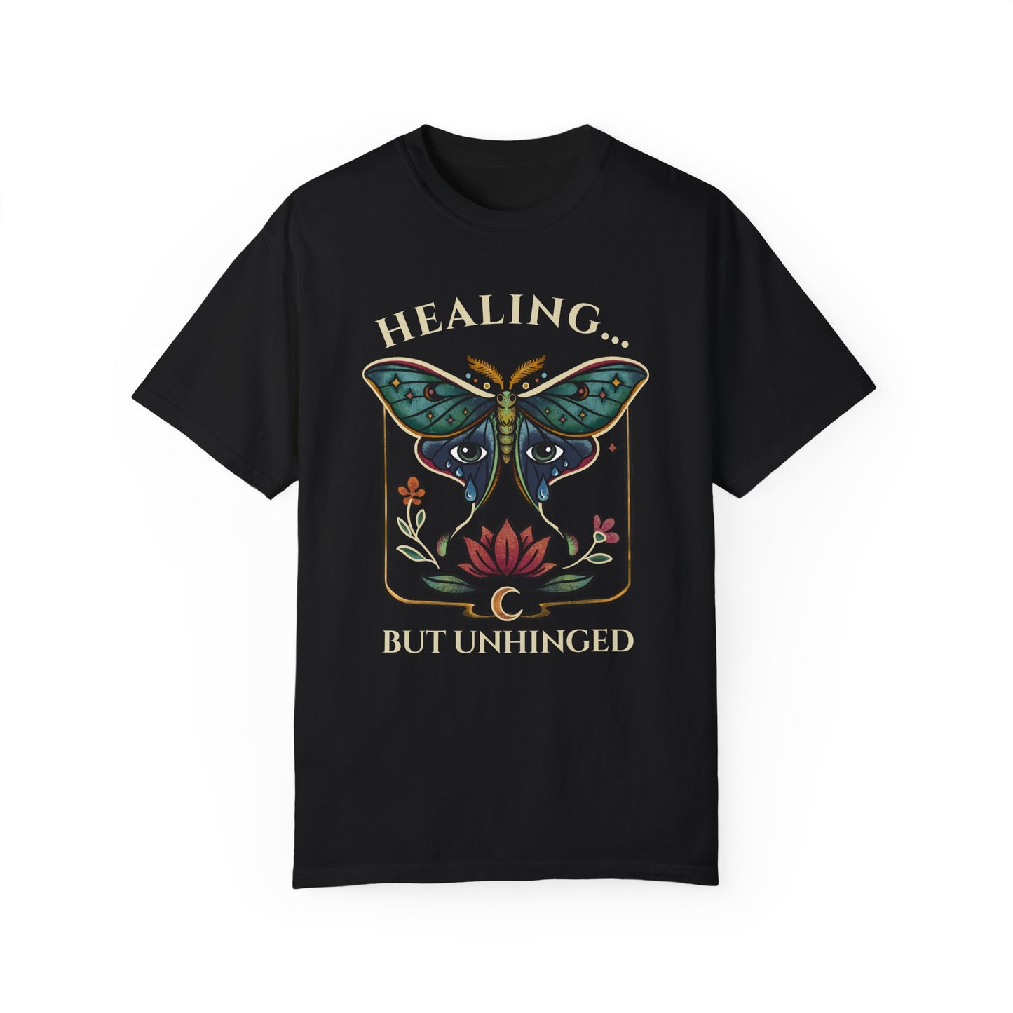 black shrit with an actias moth, floral design and emotional healing message