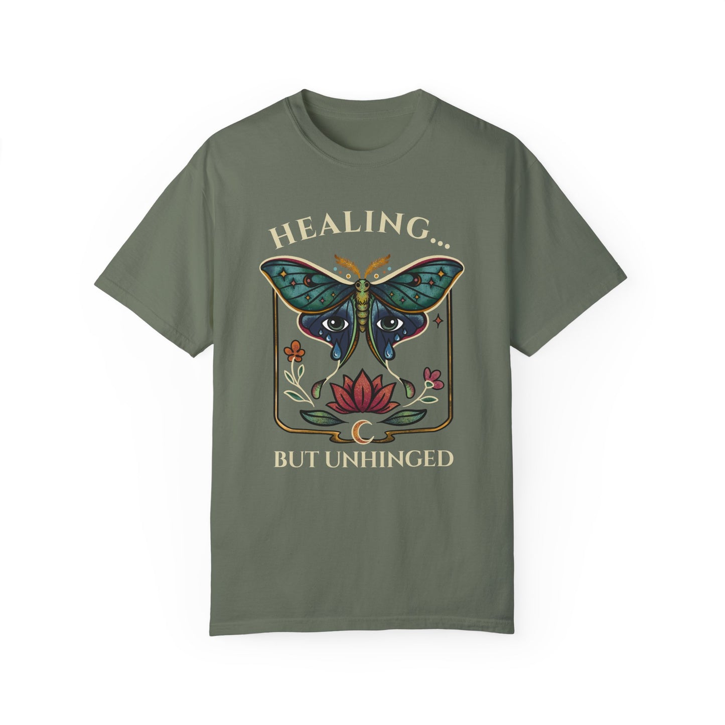 moss shrit with an actias moth, floral design and emotional healing message