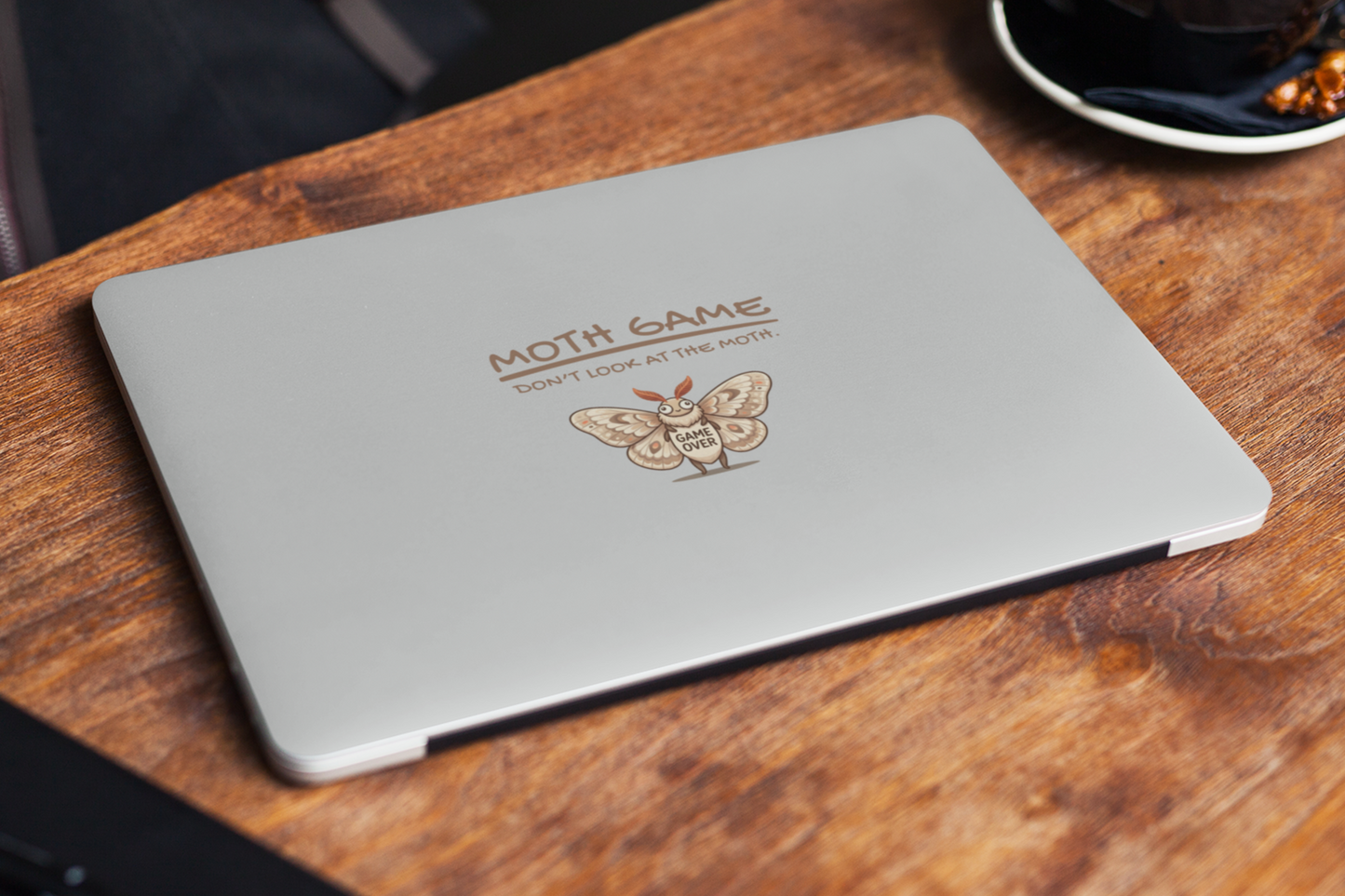 Funny Moth Game sticker placed on a laptop lid on a desk, featuring a cute moth with Game Over text