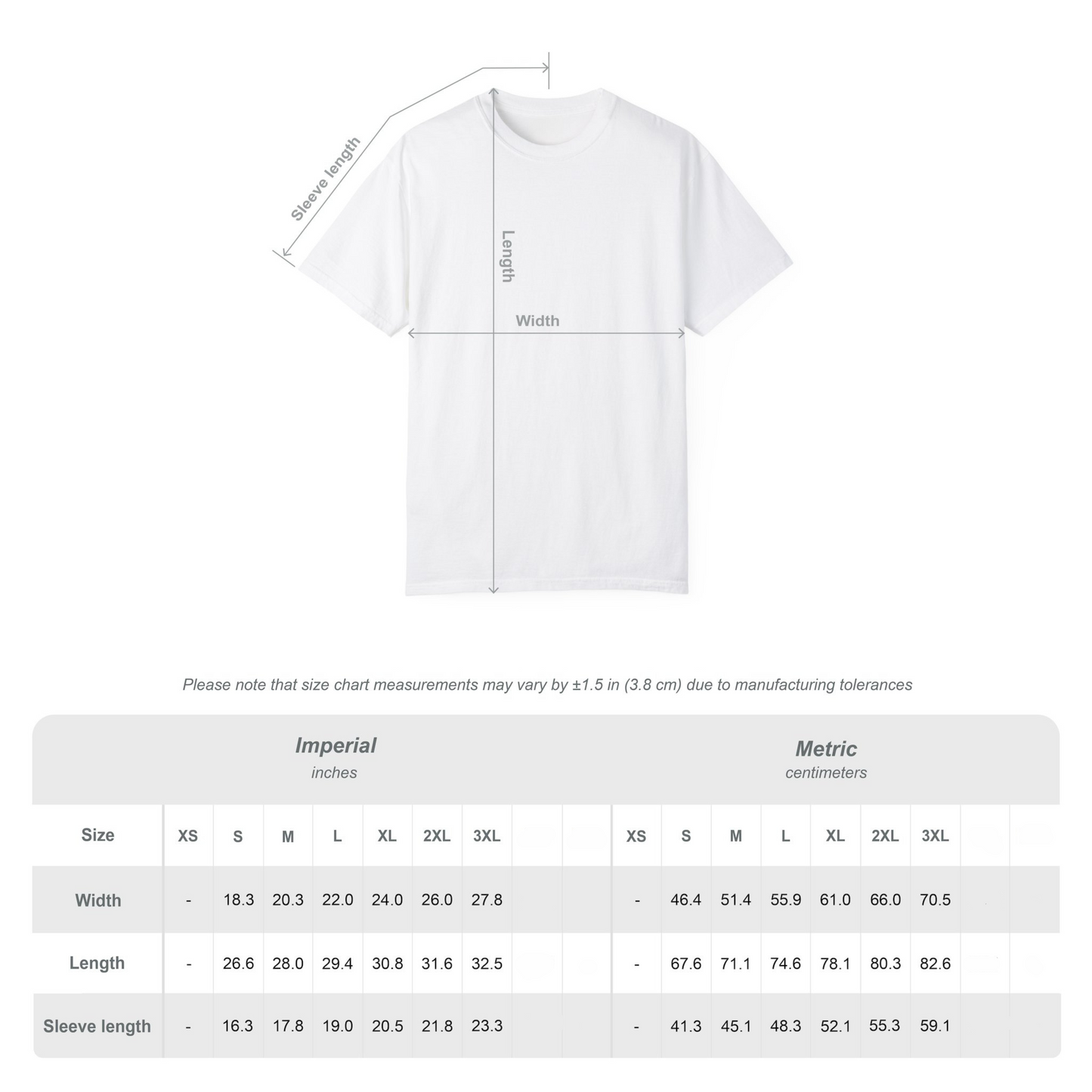 unisex t-shirt sizing chart with width, length, and sleeve measurements in inches and centimeters (s–3xl)