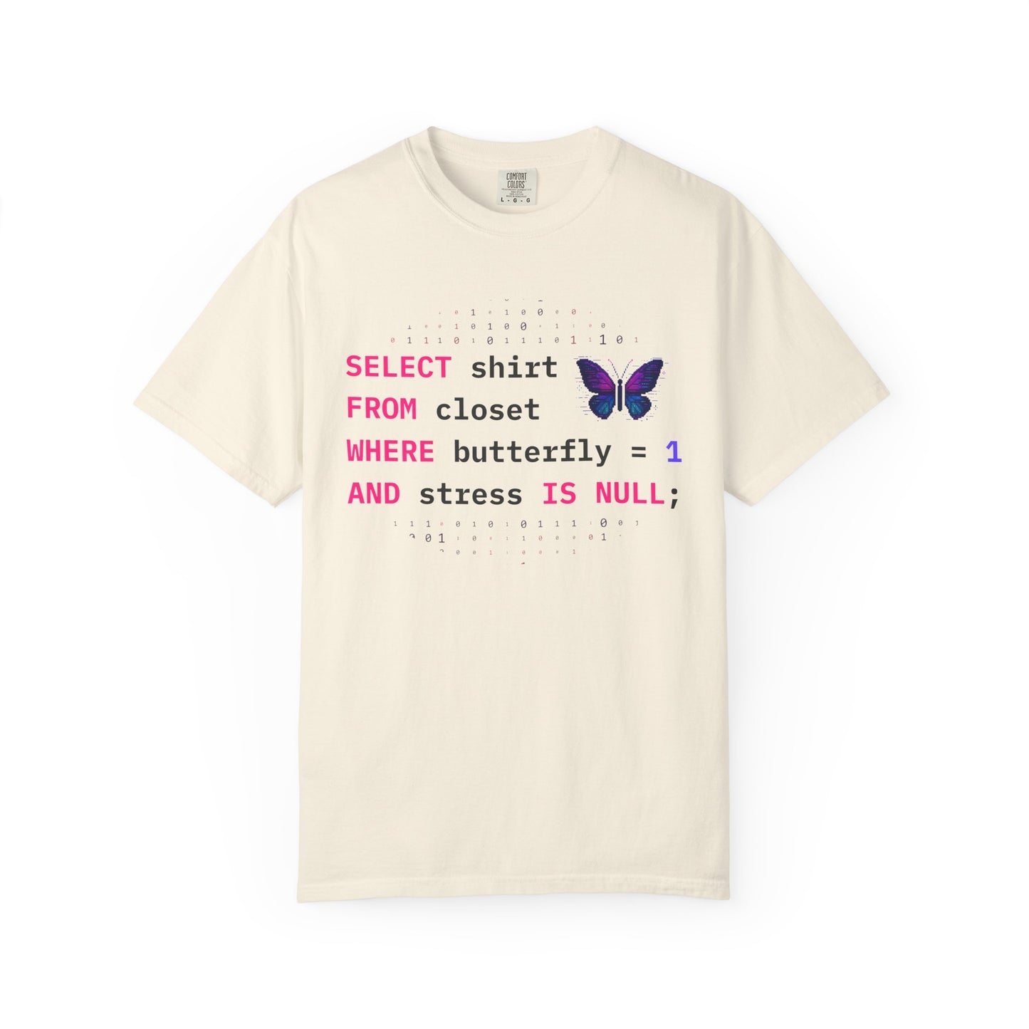 pixel butterfly programmer cream shirt with SQL query design