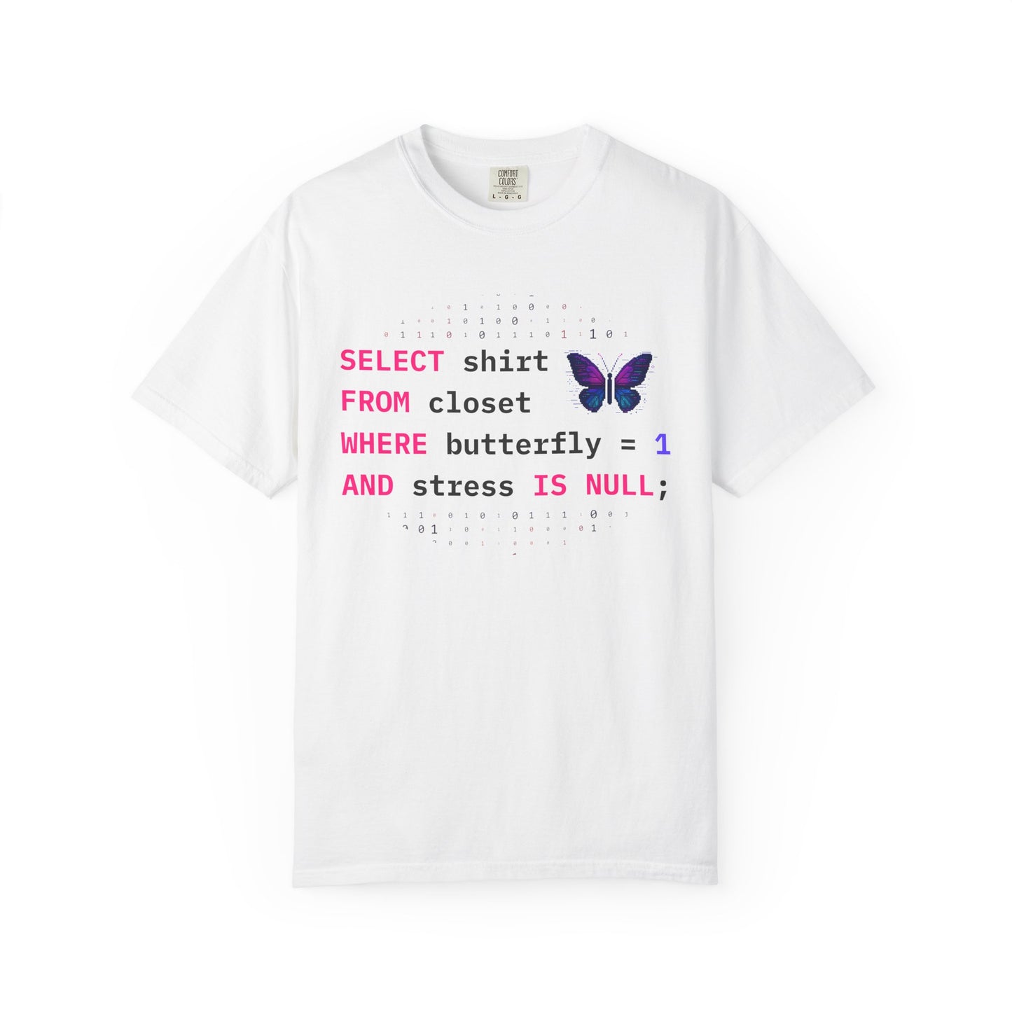 pixel butterfly programmer shirt in white SQL query design