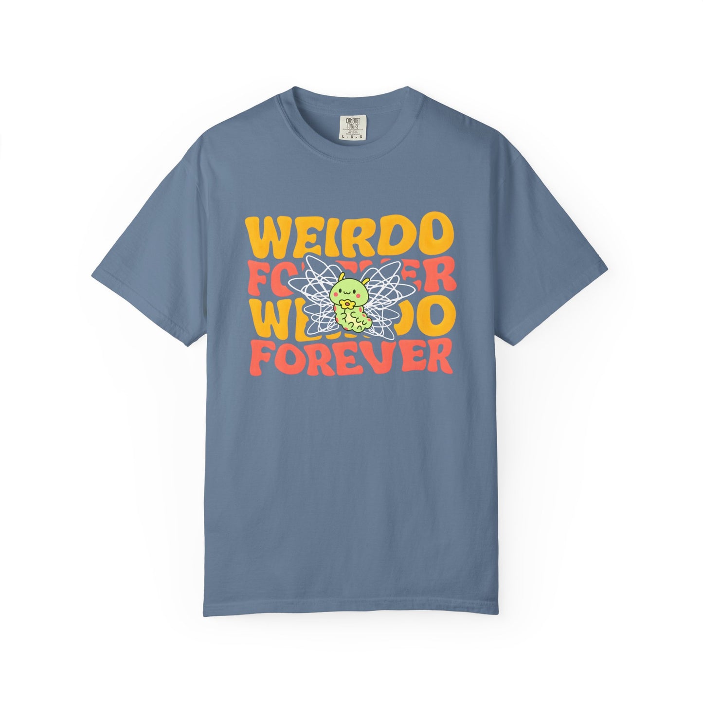blue shrit with bold yellow and red text, and a cute green caterpillar with scribbled wings