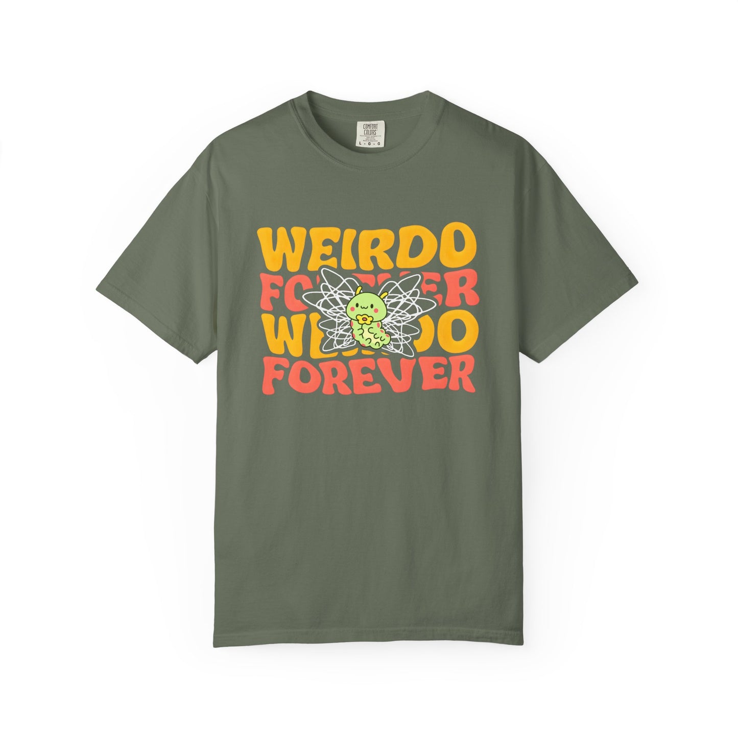 moss shrit with bold yellow and red text, and a cute green caterpillar with scribbled wings