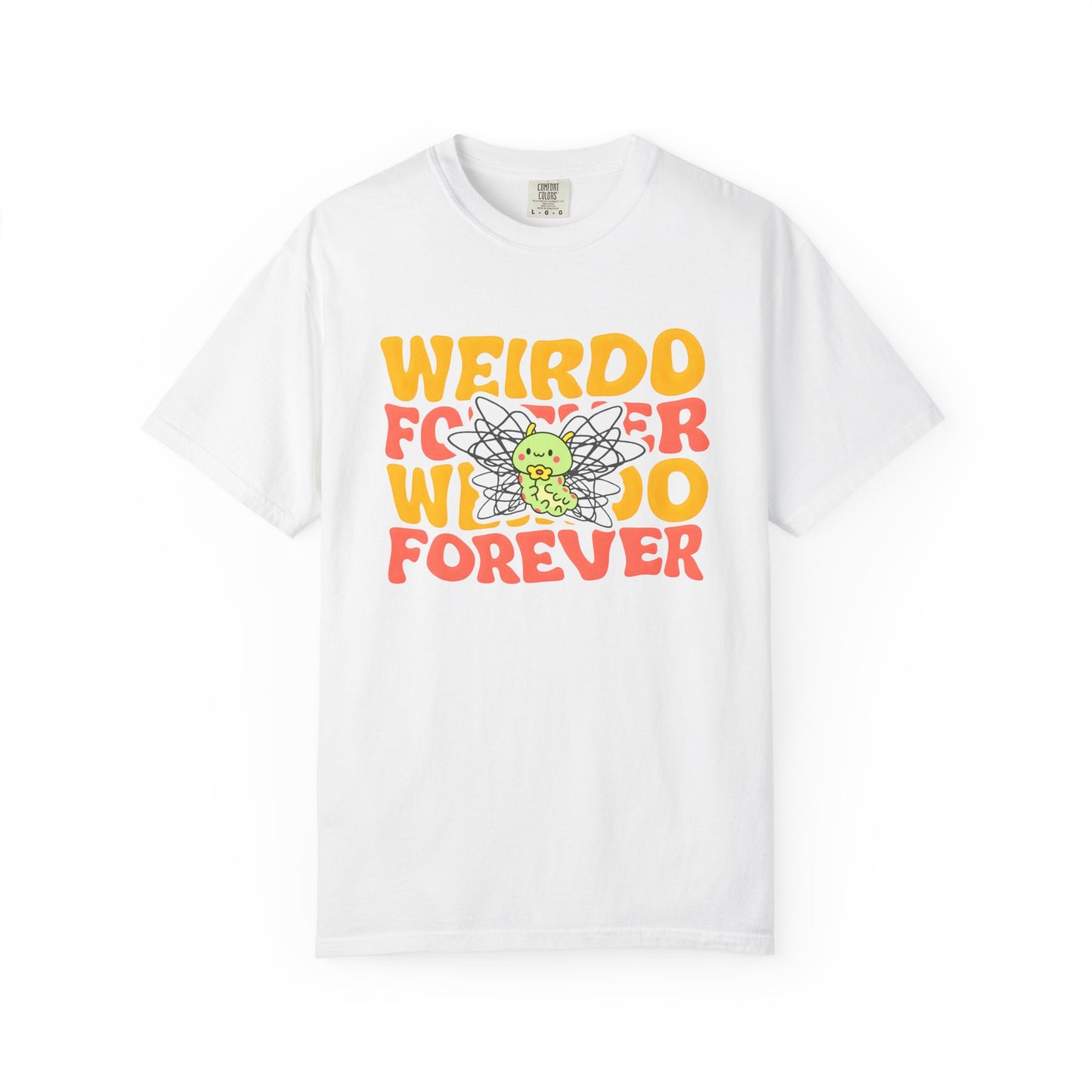 white shrit with bold yellow and red text, and a cute green caterpillar with scribbled wings