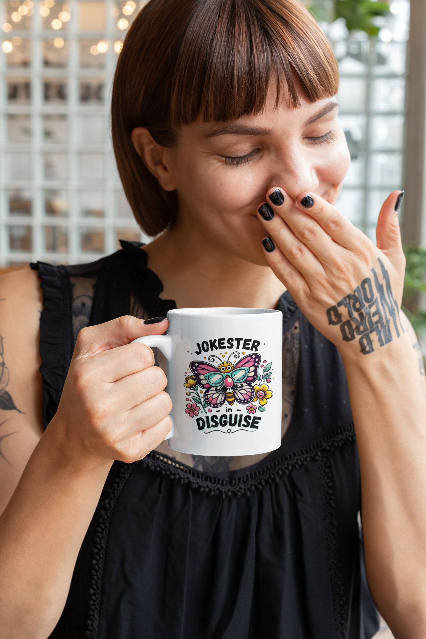 smiling woman holding eco friendly butterfly prank mug during april fools coffee break