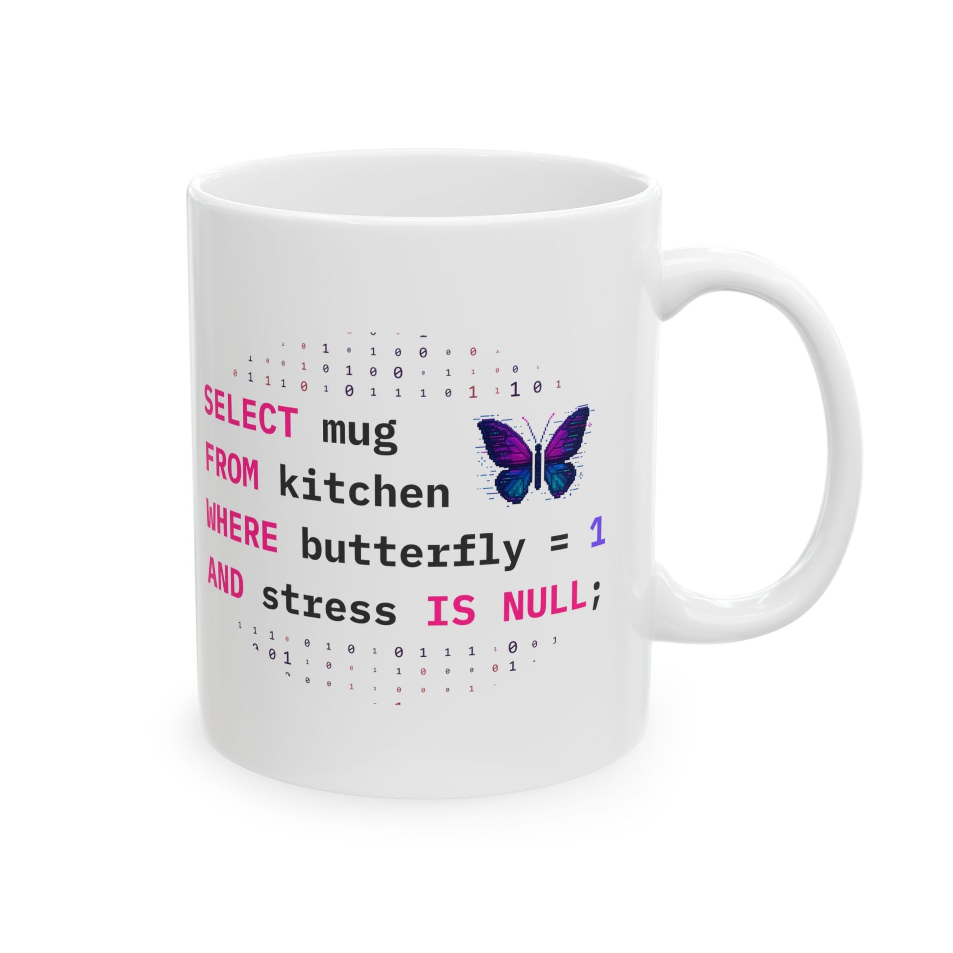 white ceramic 11oz mug with sql query design featuring a butterfly on a white background