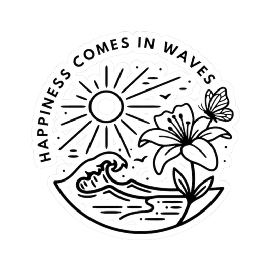 Happiness Comes in Waves beach butterfly vinyl sticker with ocean wave, sunshine, flower, and butterfly design