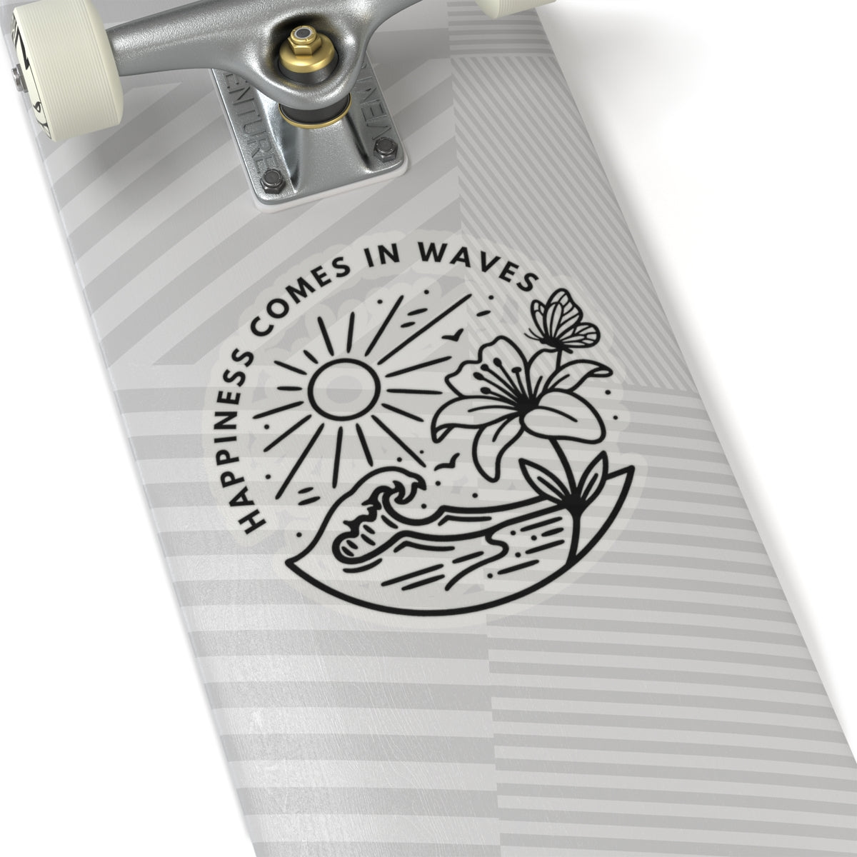 Happiness Comes in Waves beach butterfly vinyl sticker applied to skateboard deck