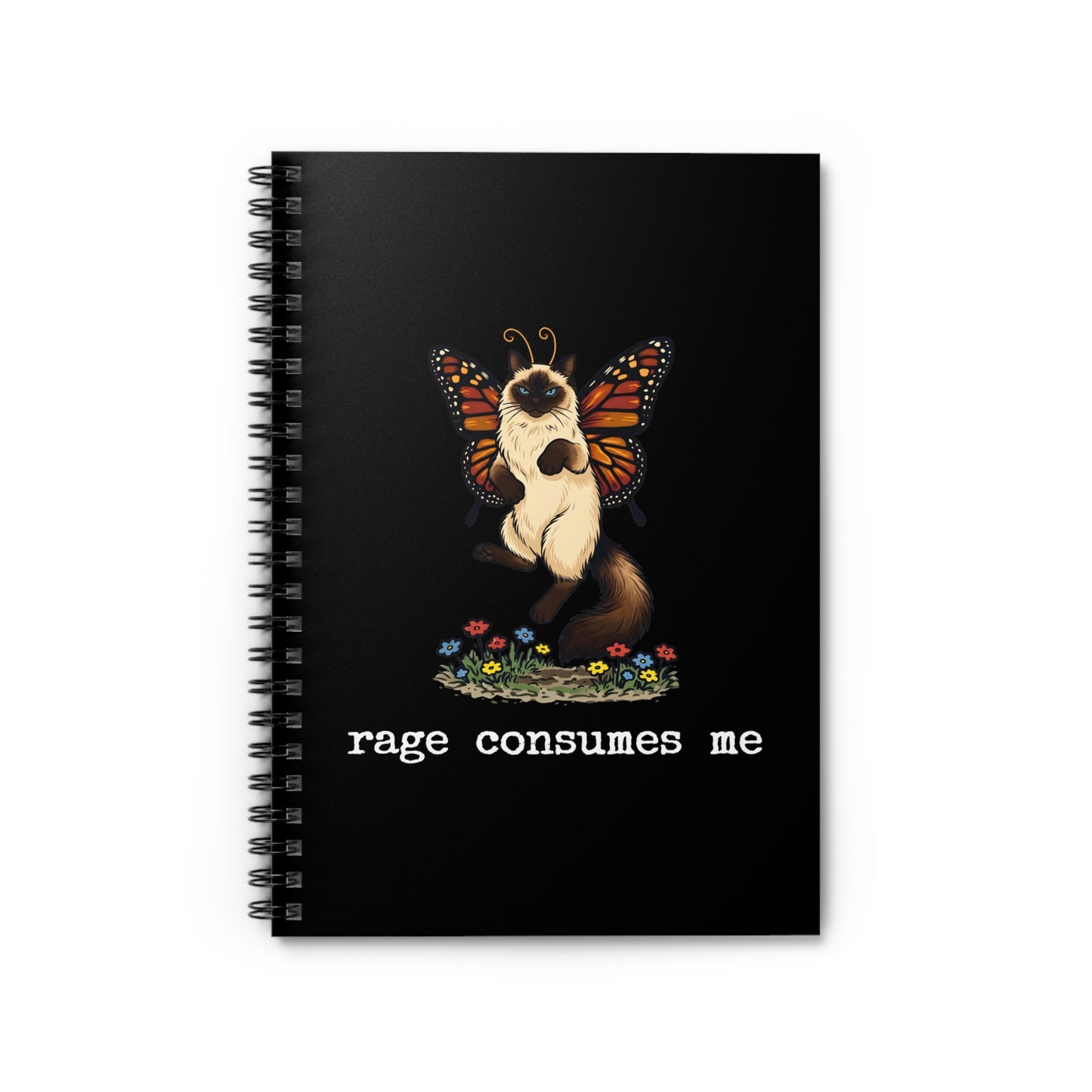Black Rage Consumes Me spiral notebook with butterfly Siamese cat design on cover
