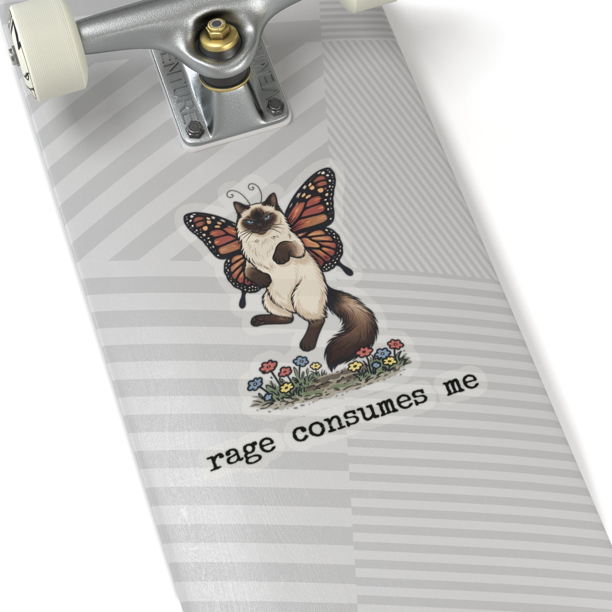 Rage Consumes Me vinyl sticker on skateboard deck