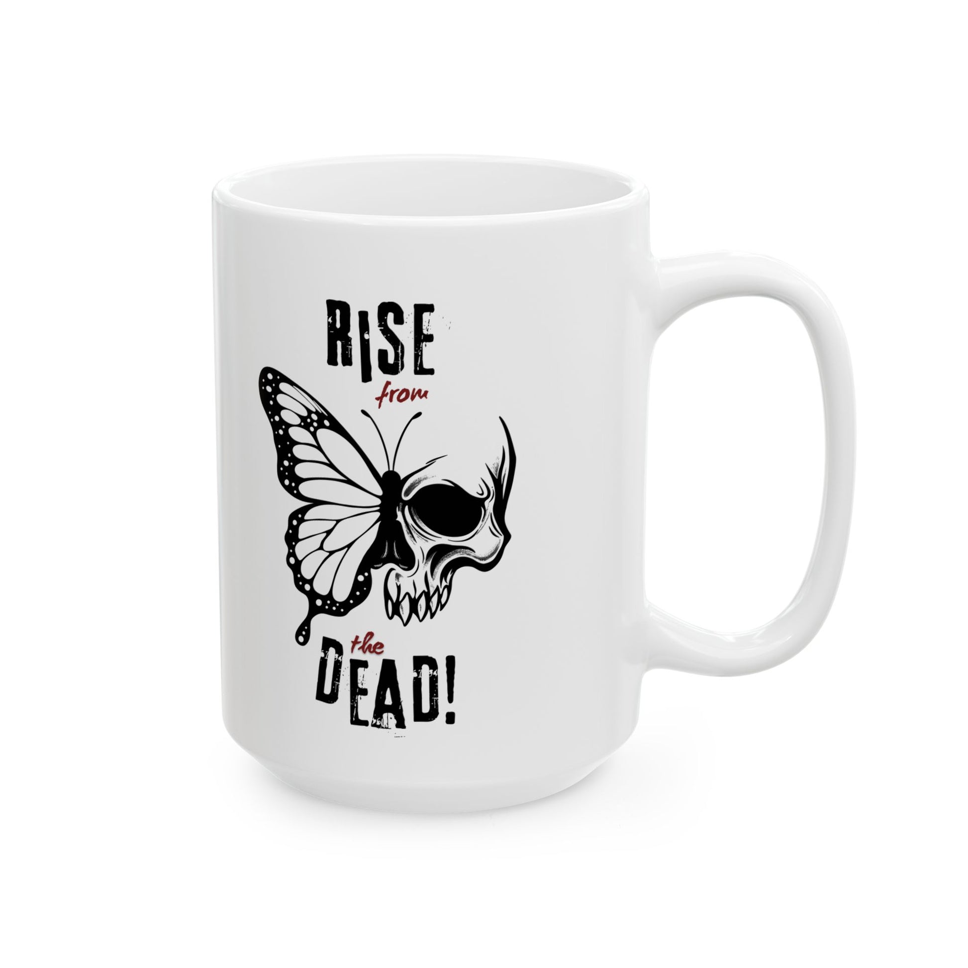 White 15oz mug with a black butterfly skull design and text 'Rise from the dead!' on a white background