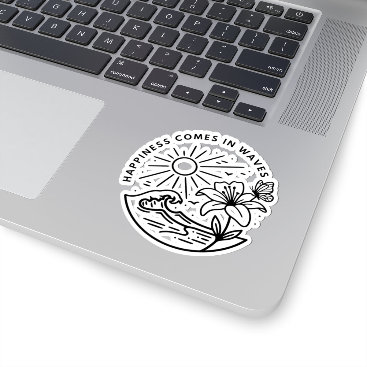 Happiness Comes in Waves ocean butterfly sticker placed on laptop corner