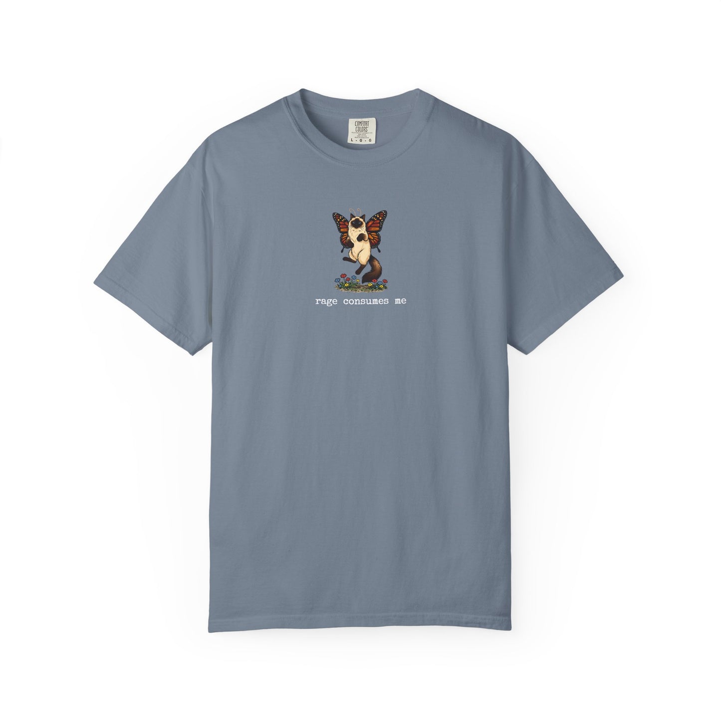 Blue Rage Consumes Me t-shirt with butterfly cat illustration