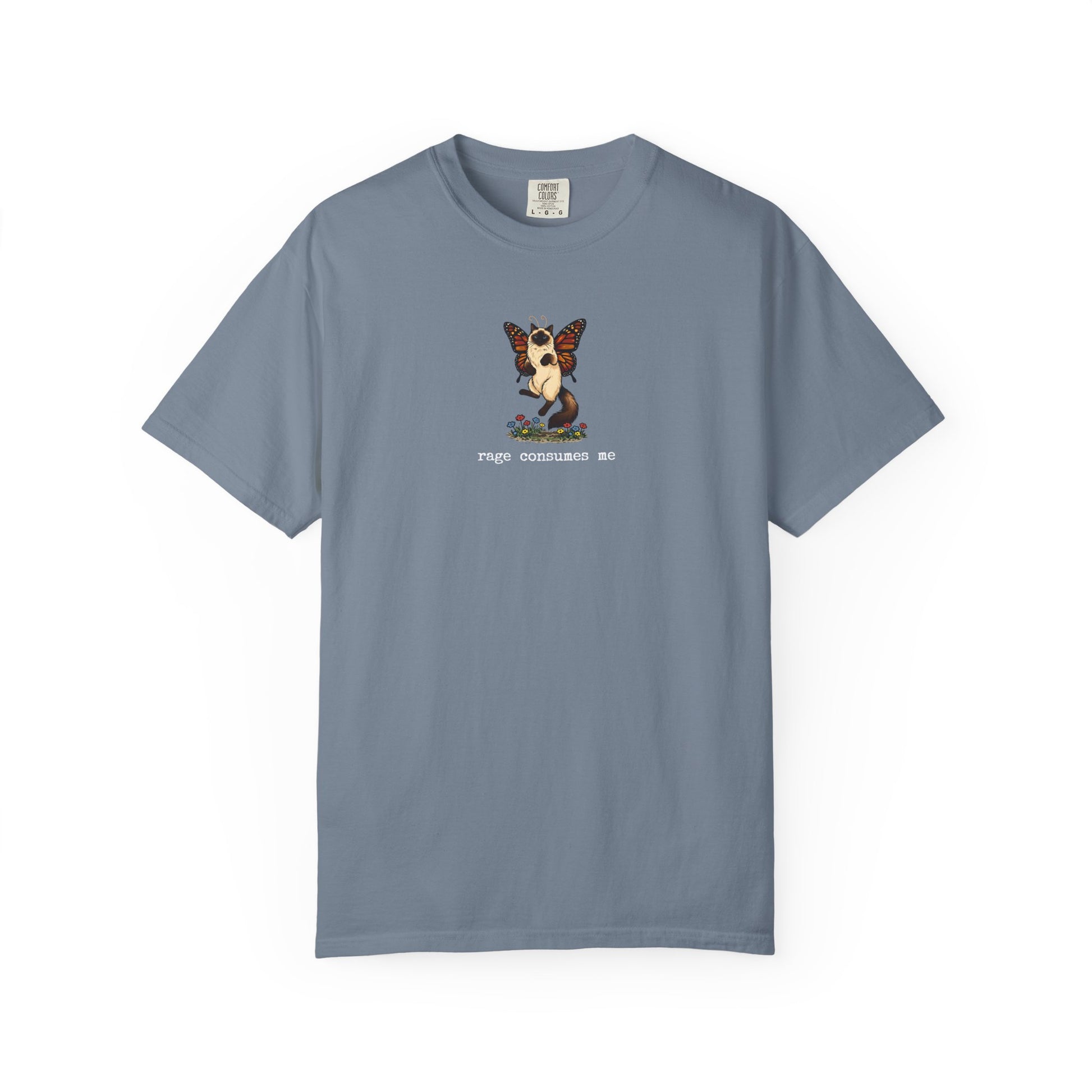 Blue Rage Consumes Me t-shirt with butterfly cat illustration
