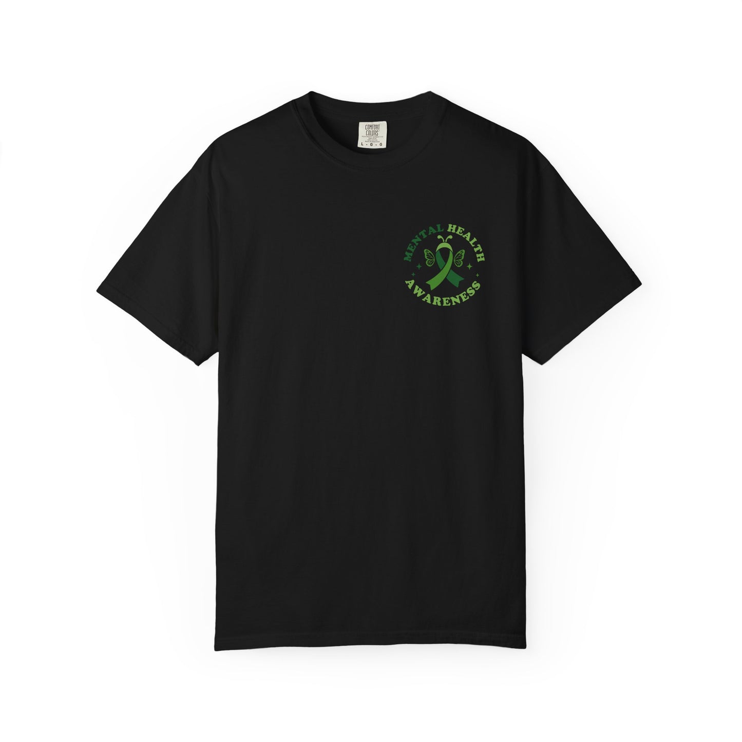 Black garment-dyed mental health awareness t-shirt with a small green ribbon and butterfly chest graphic reading “Mental Health Awareness.”