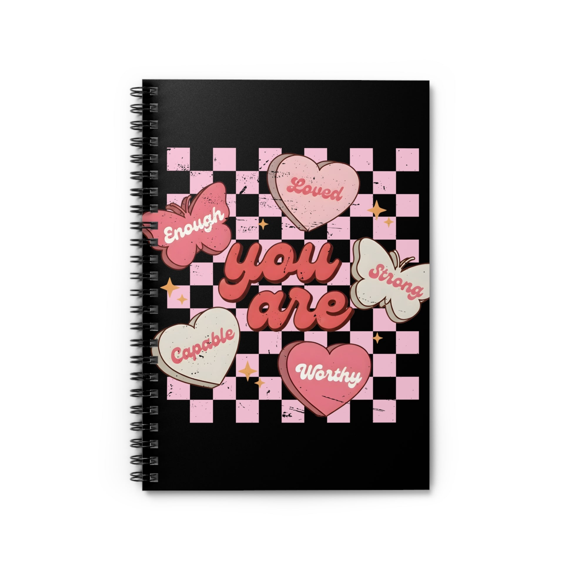 Black spiral notebook with butterfly and heart design featuring the affirmation “You Are Loved, Strong, Worthy, Capable, Enough”