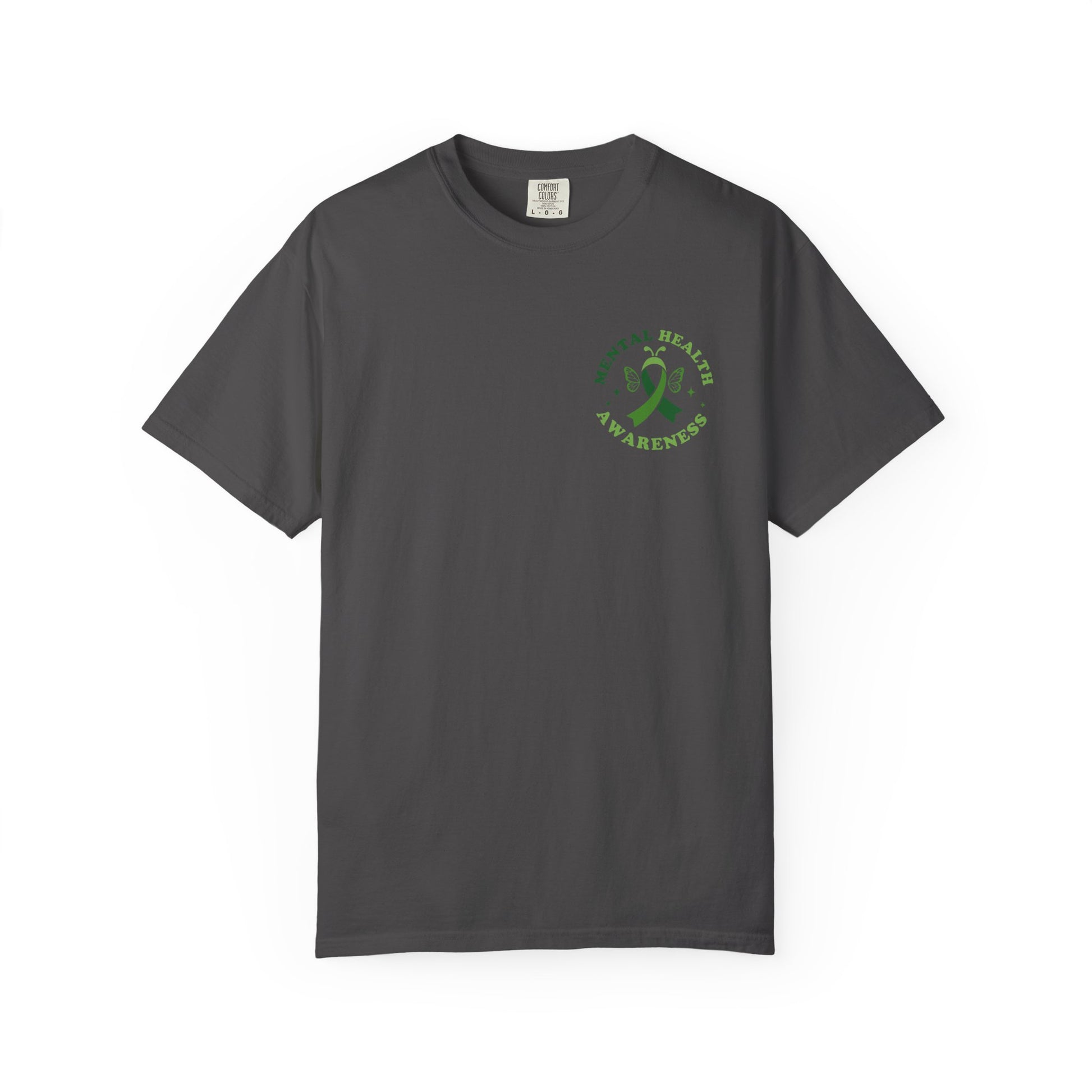 Gray garment-dyed mental health awareness t-shirt with a small green ribbon and butterfly chest graphic reading “Mental Health Awareness.”