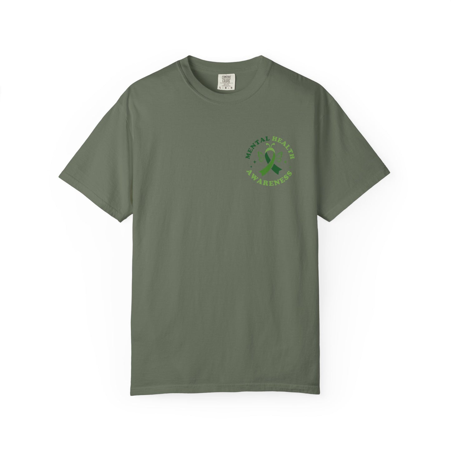Green garment-dyed mental health awareness t-shirt with a small green ribbon and butterfly chest graphic reading “Mental Health Awareness.”