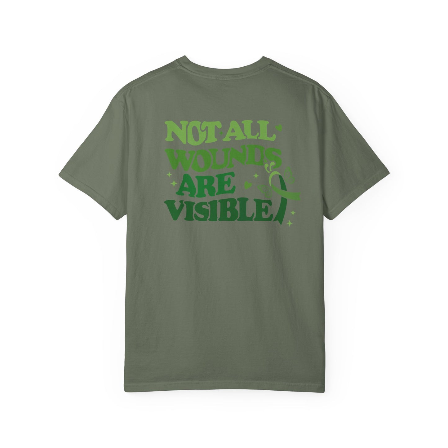 Back view of a green mental health awareness t-shirt featuring large green text reading “Not All Wounds Are Visible” with butterfly and green ribbon artwork.