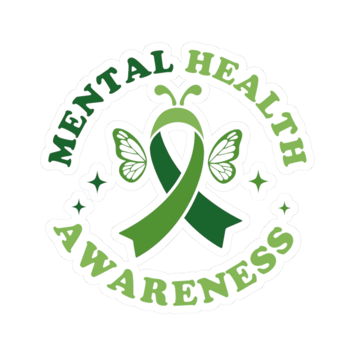 Mental health awareness butterfly sticker with green ribbon design placed on a black phone beside a pen and notebook.