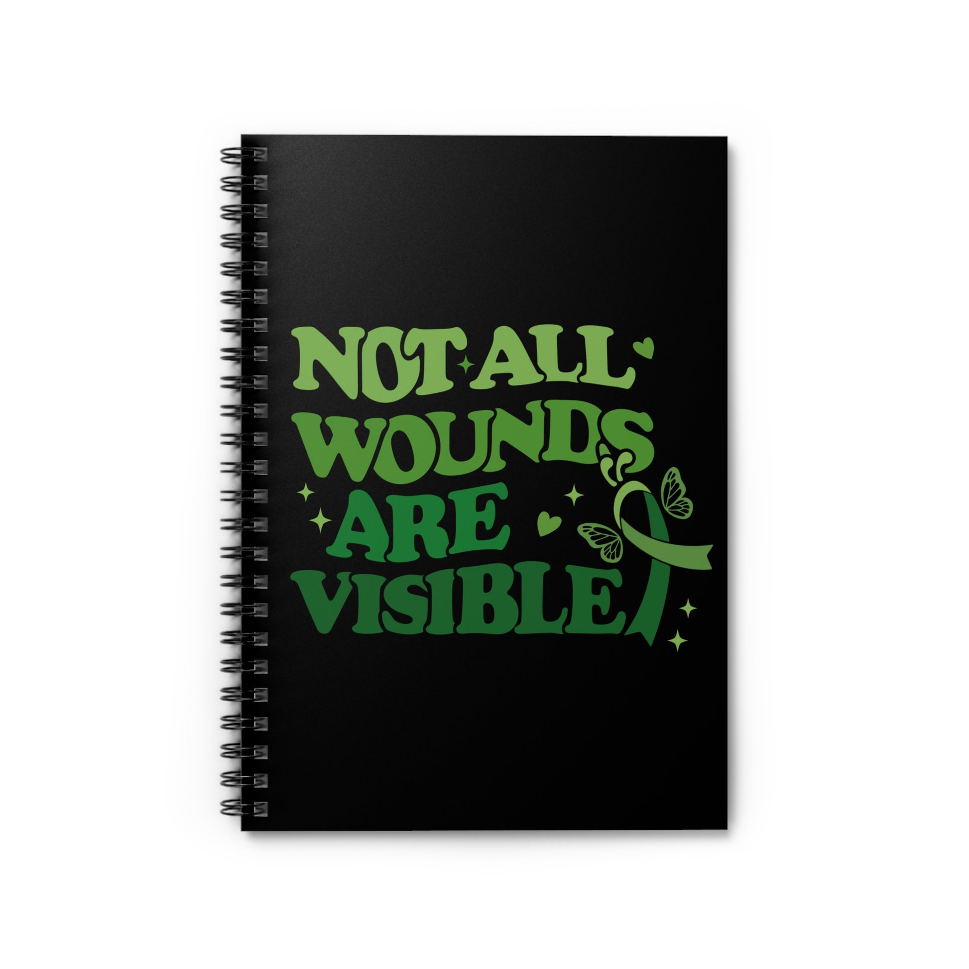 Black spiral notebook with green “Not All Wounds Are Visible” mental health awareness butterfly and ribbon design on the front cover.