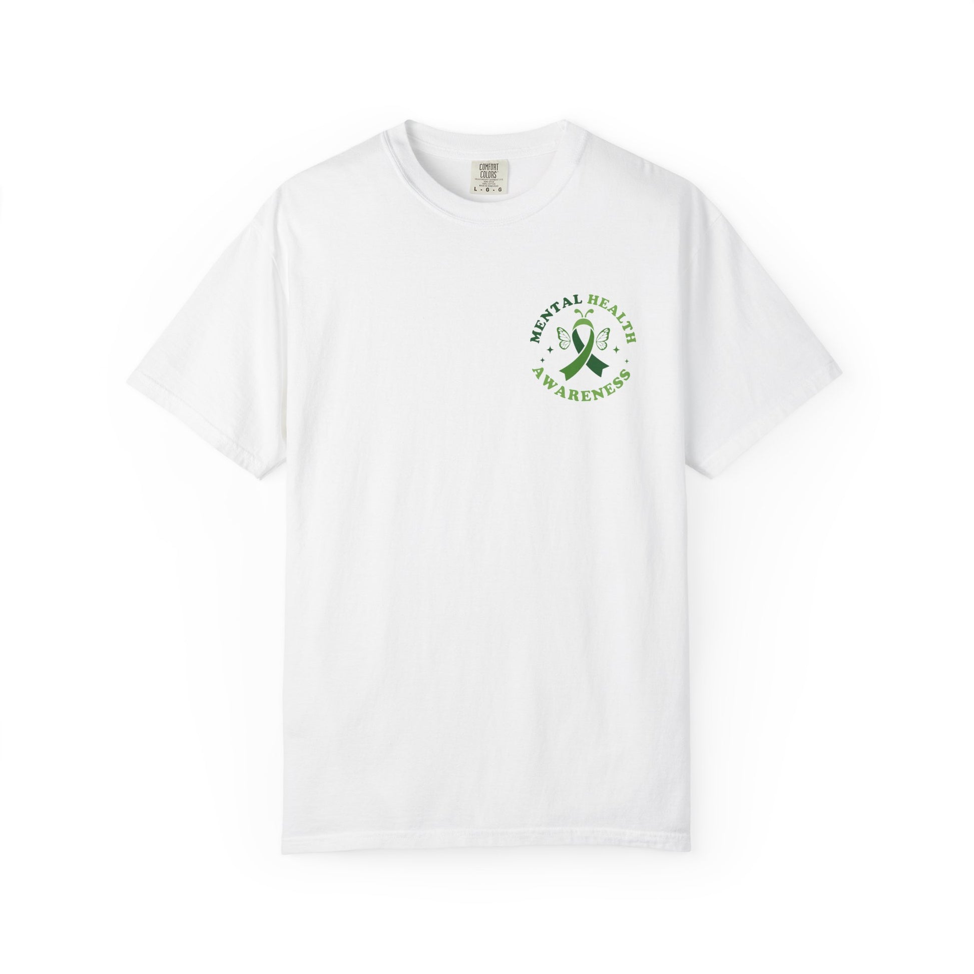White garment-dyed mental health awareness t-shirt with a small green ribbon and butterfly chest graphic reading “Mental Health Awareness.”