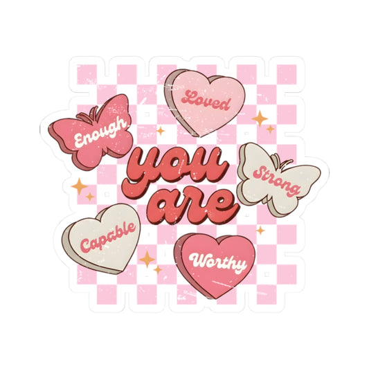 Butterfly heart affirmation sticker with the message “You Are Loved, Strong, Worthy, Capable, Enough” on a checkered background