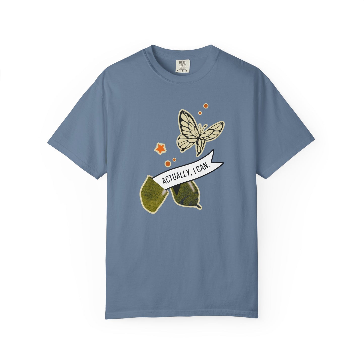 actually i can transformation cocoon butterfly fortune cookie tee in blue – eco friendly motivational shirt