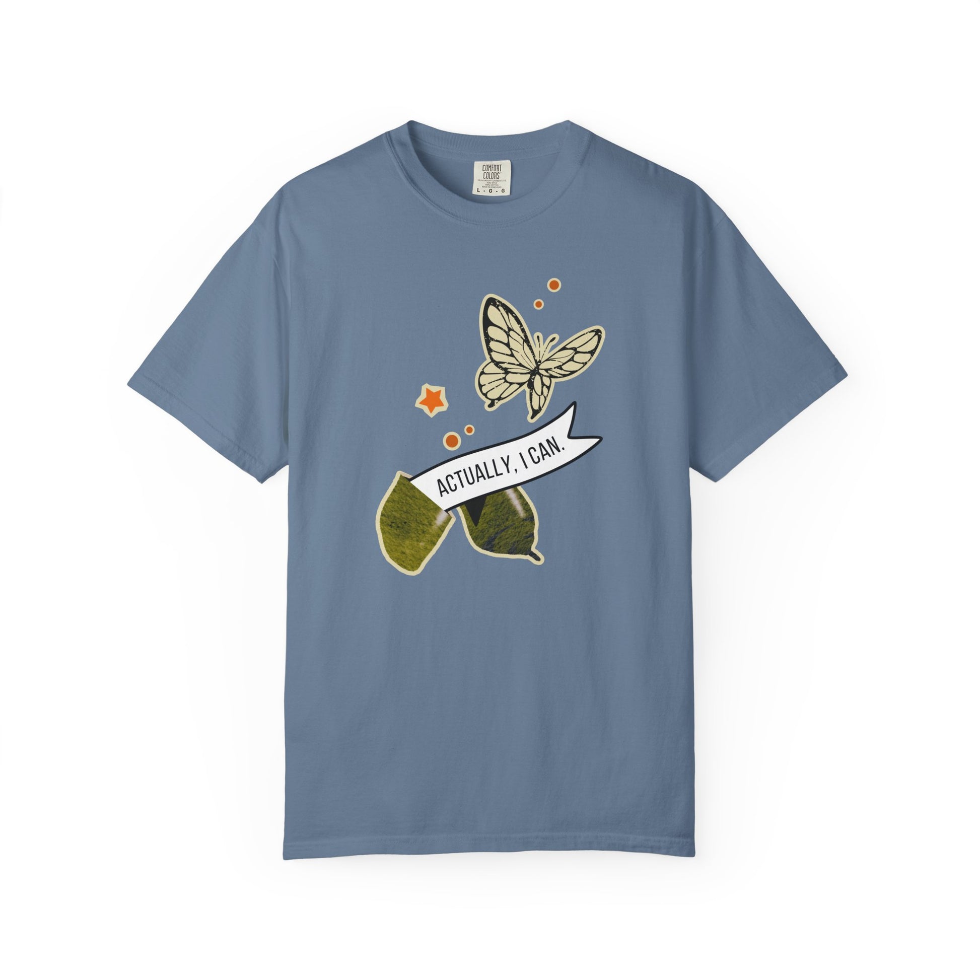 actually i can transformation cocoon butterfly fortune cookie tee in blue – eco friendly motivational shirt
