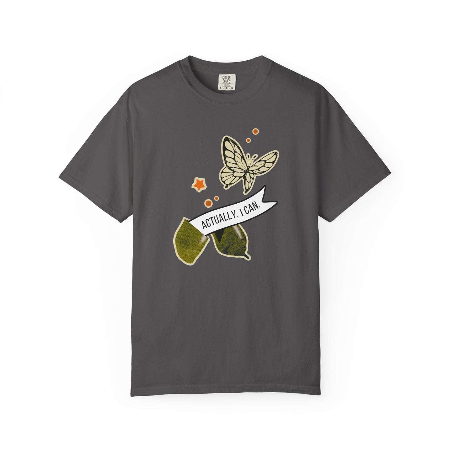 actually i can transformation cocoon butterfly fortune cookie tee in gray – eco friendly motivational shirt