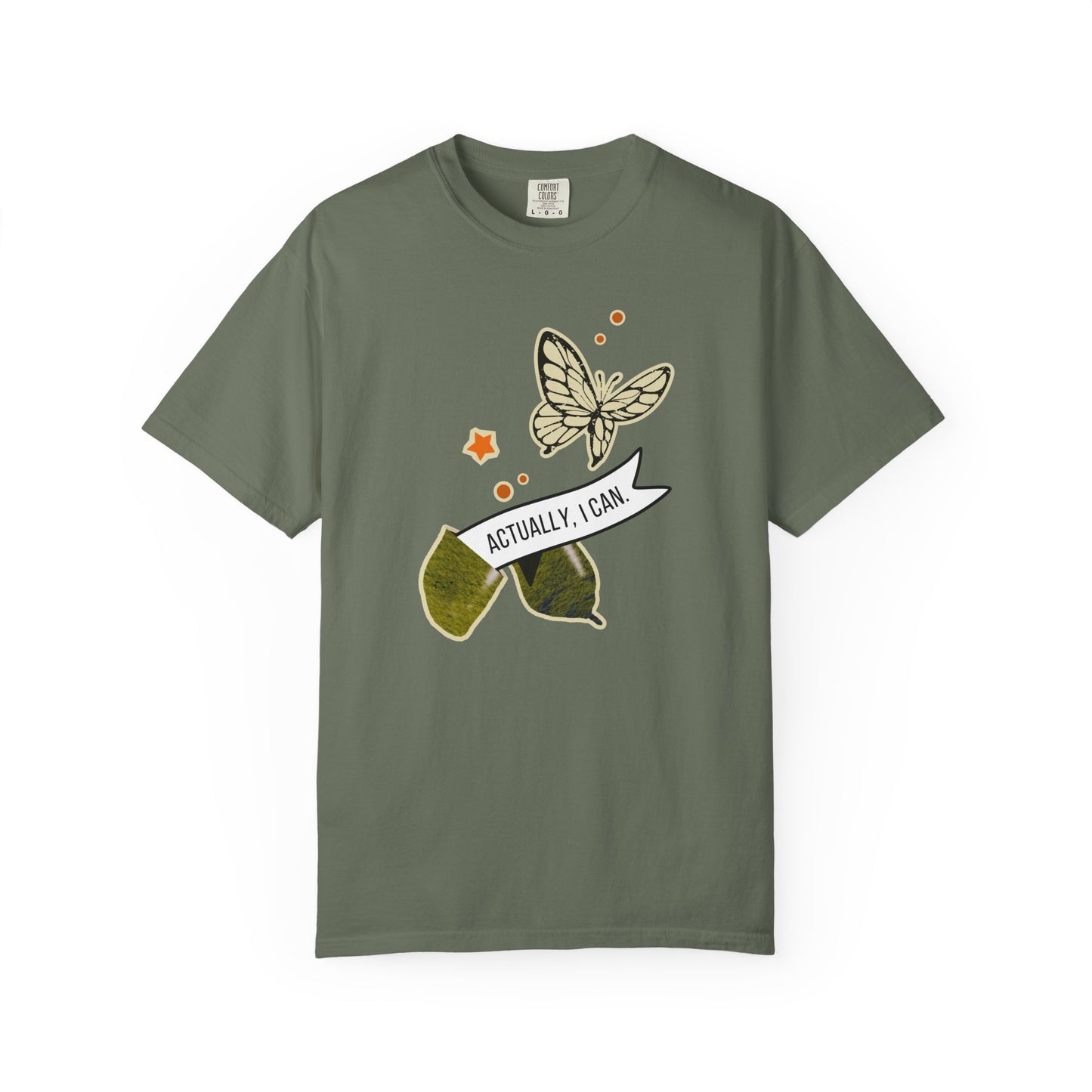 actually i can transformation cocoon butterfly fortune cookie tee in green – eco friendly motivational shirt