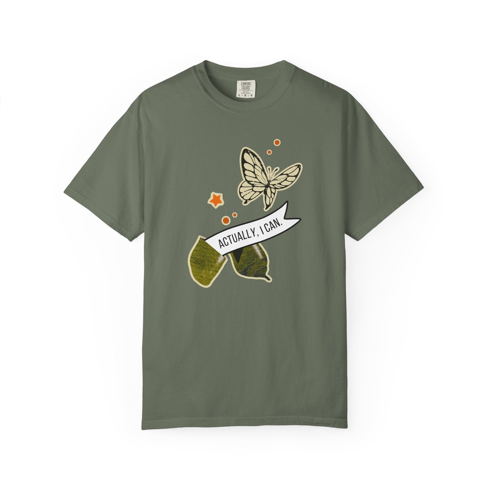 actually i can transformation cocoon butterfly fortune cookie tee in green – eco friendly motivational shirt