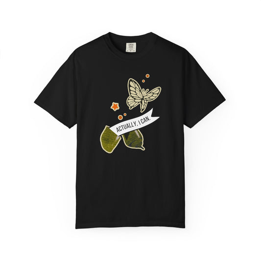 actually i can transformation cocoon butterfly fortune cookie tee in black – eco friendly motivational shirt