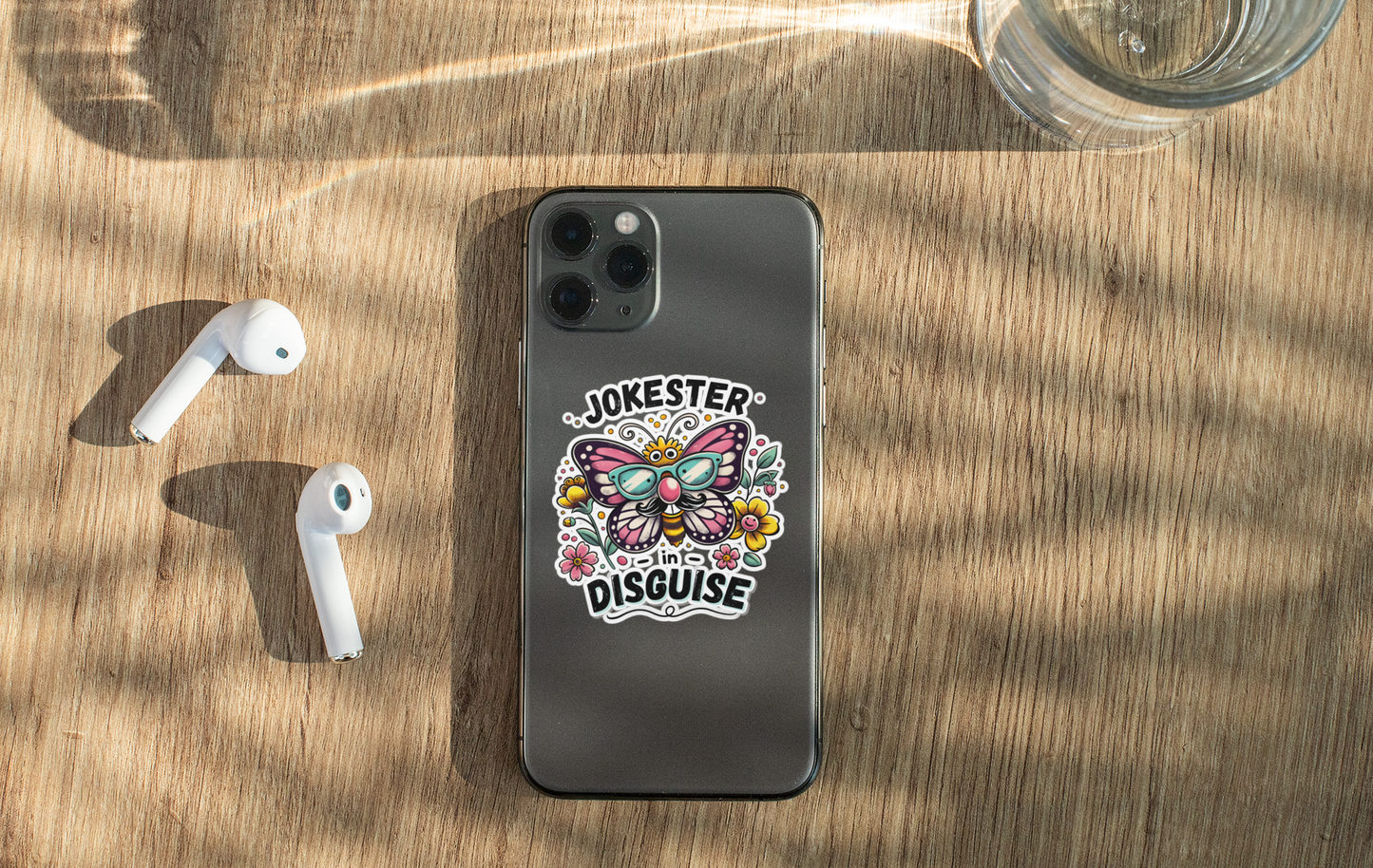 eco friendly butterfly prank decal decorating a silver smartphone during april fools office prank