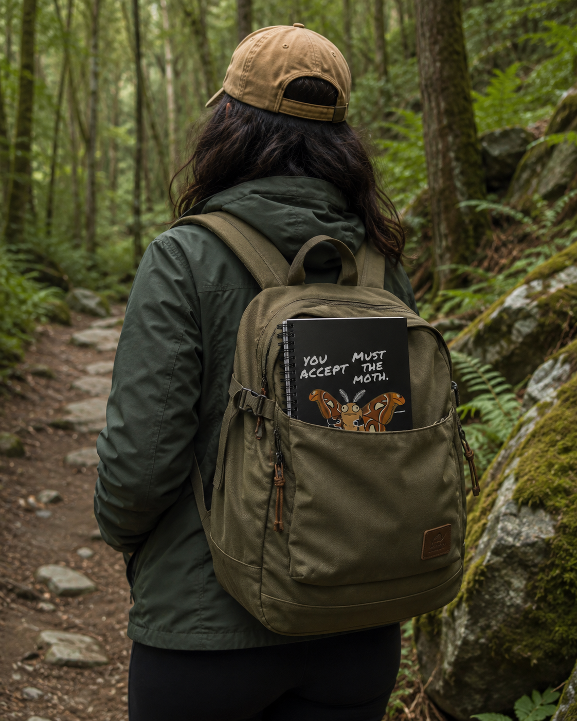 Person carrying an Atlas Moth spiral notebook in a backpack while hiking through a forest