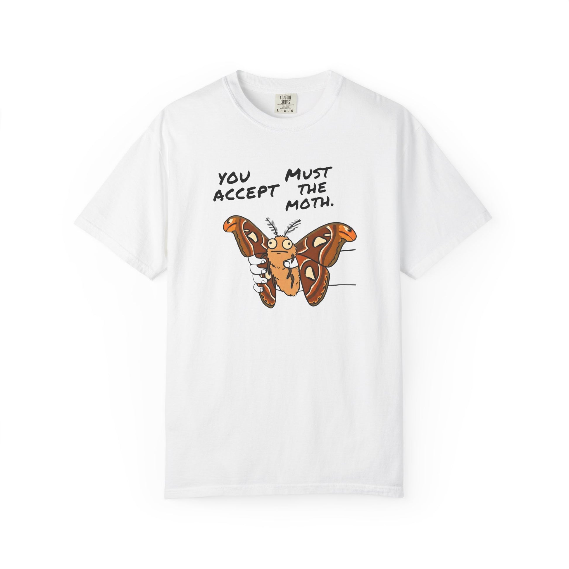White Atlas Moth t-shirt with funny You Must Accept The Moth design for nature lovers and meme fans.