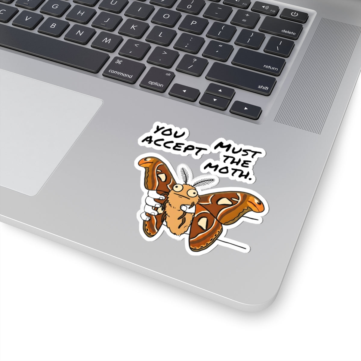 Funny Atlas Moth vinyl sticker displayed on a laptop surface with the phrase "You Must Accept The Moth."