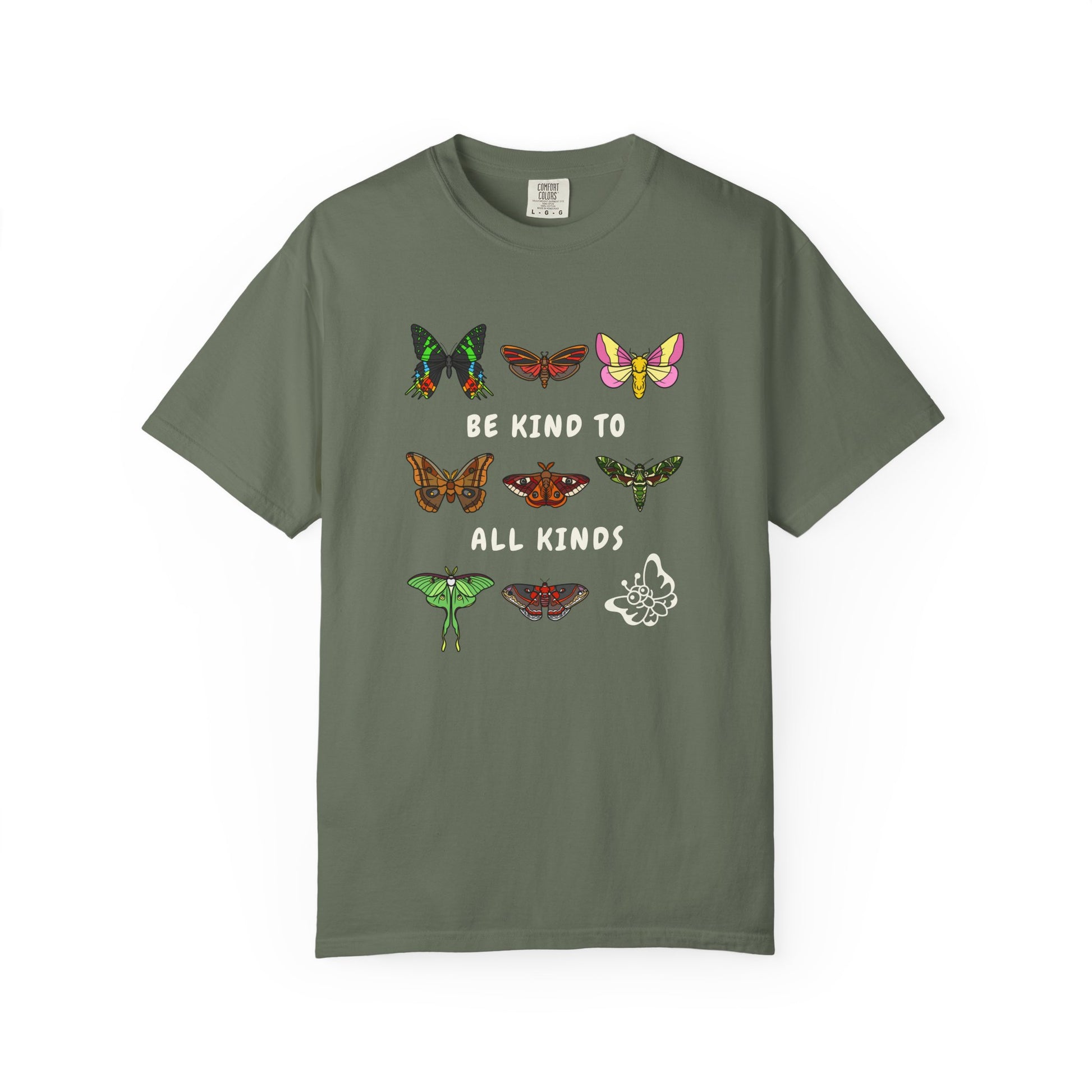 green 'be kind to all kinds' graphic tee with butterflies and moths